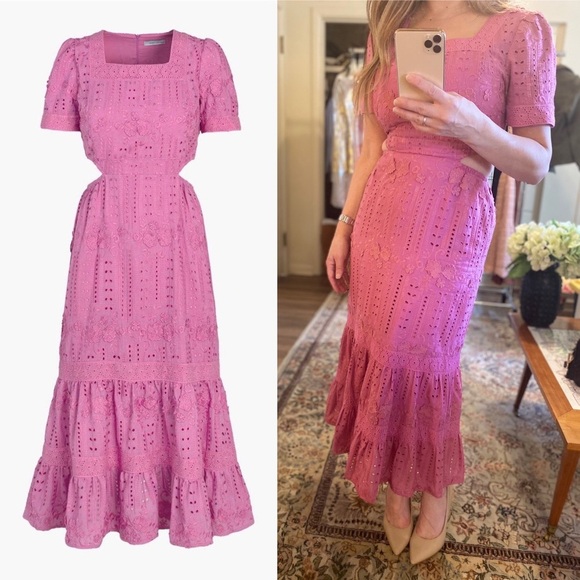 Adelyn Rae Dresses & Skirts - Adelyn Rae Katina Pink Side Cut Out Embroidered Midi Dress Puff Sleeves, XS